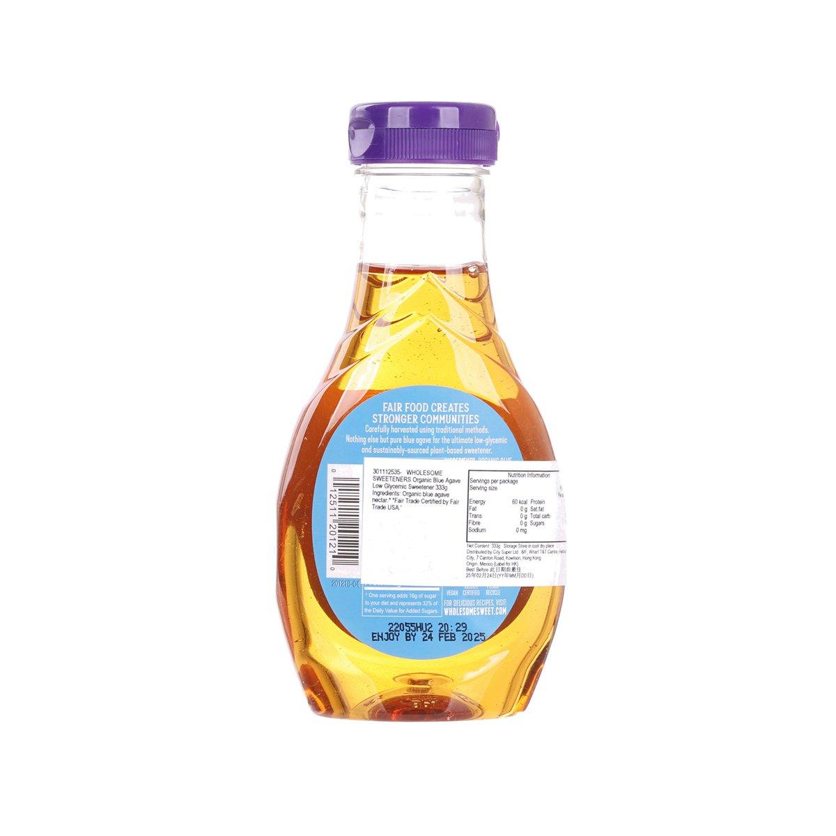 Organic blue agave low glycemic sweetener bottle, back label, purple cap, 333 g