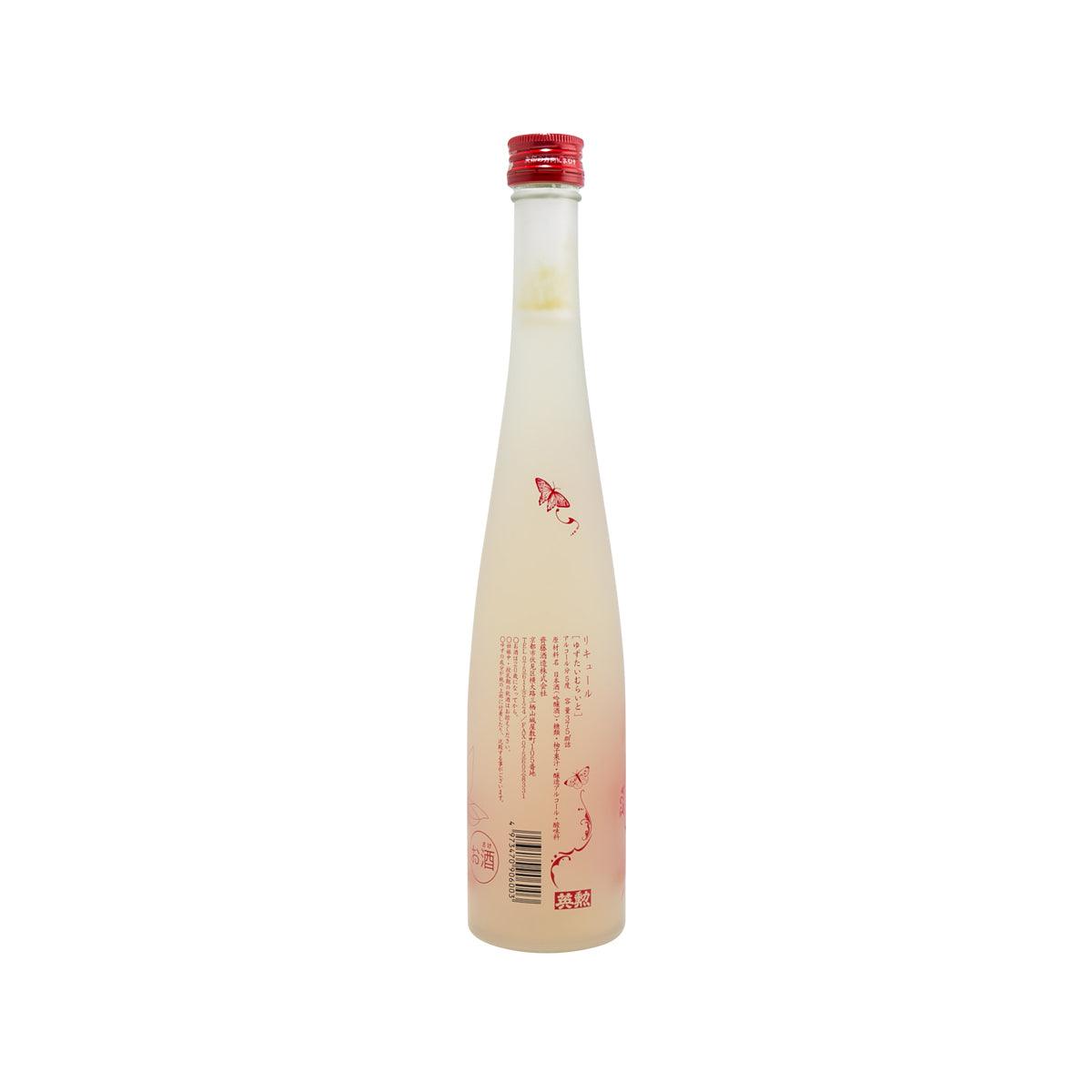 EIKUN yuzu liqueur bottle 375 mL with red cap and back label with barcode