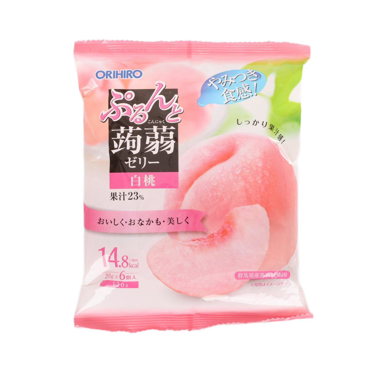 ORIHIRO peach konnyaku jelly pouch, pink pack with sliced jelly graphic