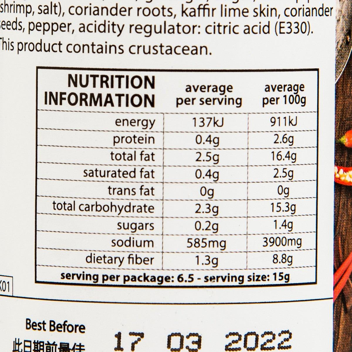 Nutrition information panel for DESIAM Thai red curry paste, per 100 g values