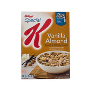 Kellogg's Special K Vanilla Almond cereal box front with cereal bowl and almonds