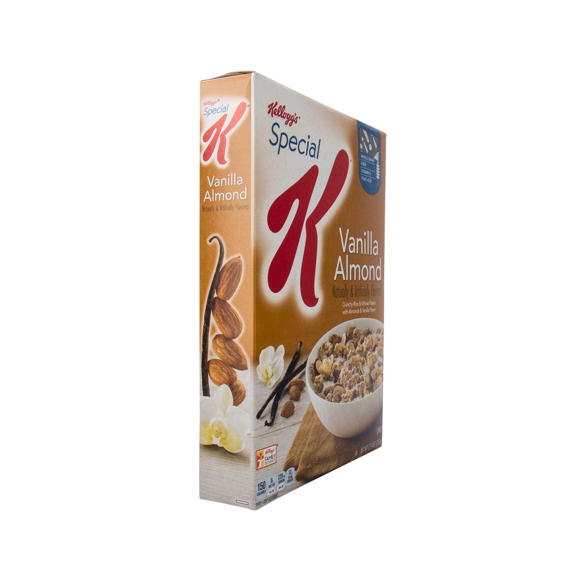 Kellogg's Special K Vanilla Almond cereal box angled side view with cereal bowl