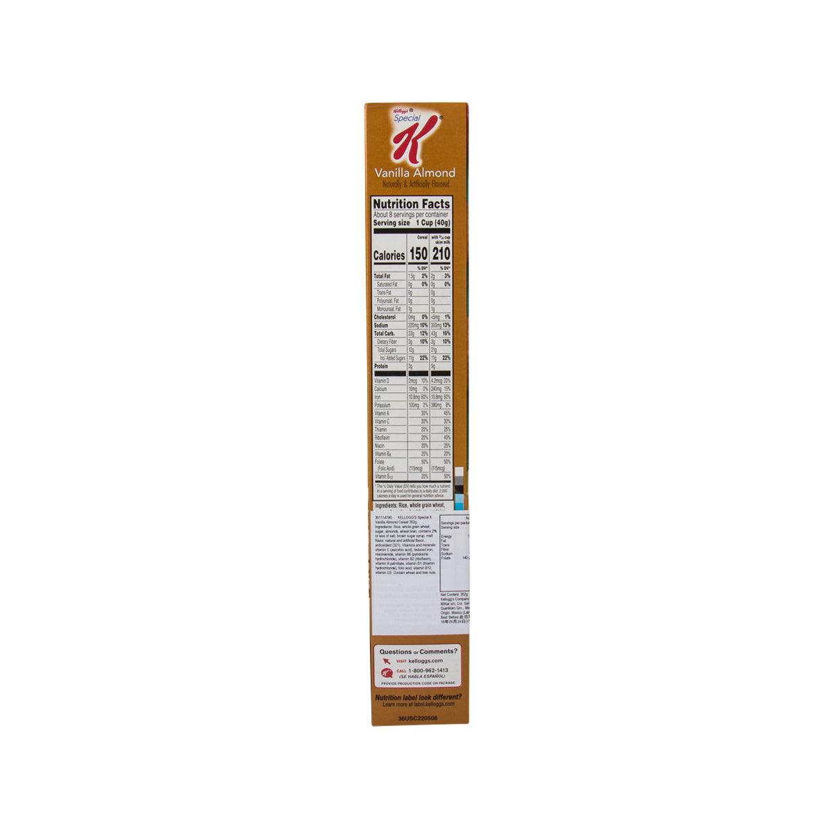Kellogg's Special K Vanilla Almond cereal box back panel with nutrition facts table