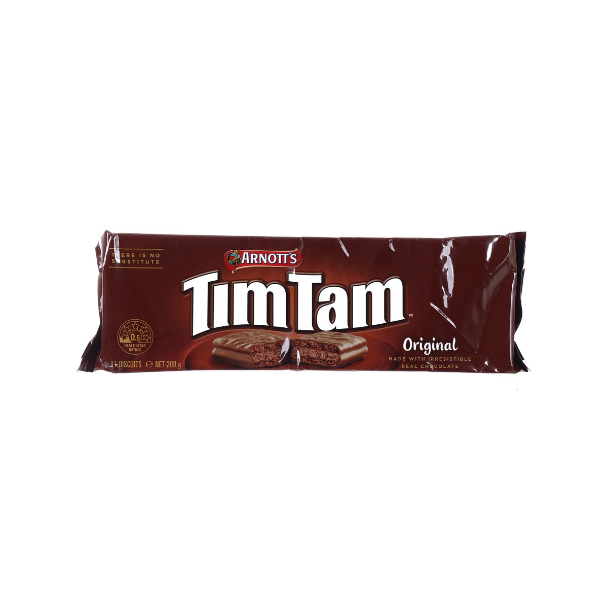 Chocolate sandwich biscuit package with Arnott's TimTam Original front