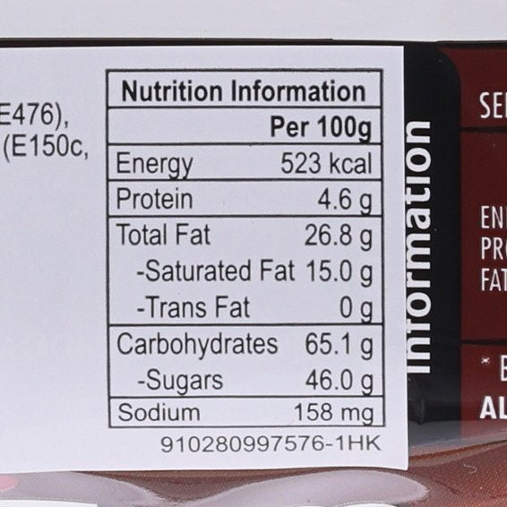 Nutrition information panel on chocolate sandwich biscuit package