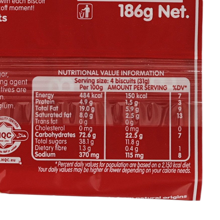Lotus Biscoff biscuit 186g pack nutrition facts panel, red text