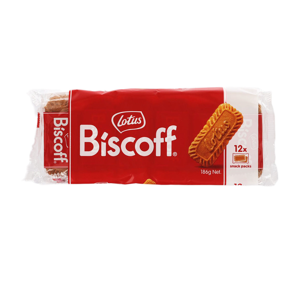 Lotus Biscoff biscuit 186g pack, red sleeve with biscuit graphic