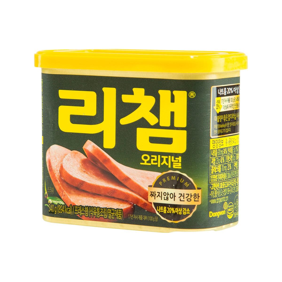 DONGWON canned ham can front with side nutrition panel, yellow-green label, 340g