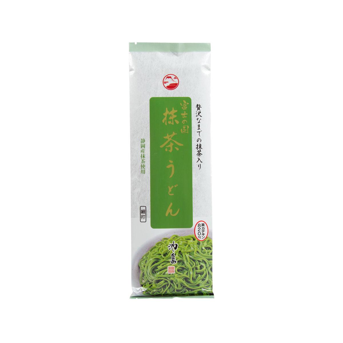 Green tea udon noodle packet with green noodle graphics, front label by IKESHIMAFOODS