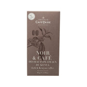Dark chocolate with coffee 85g carton, brown front with Noir & Cafe label