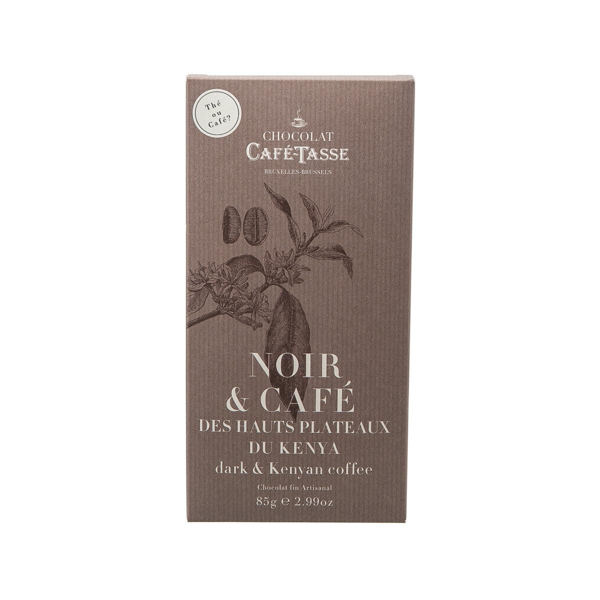 Dark chocolate with coffee 85g carton, brown front with Noir & Cafe label