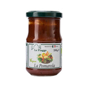 Tomato sauce jar with dark red sauce and green lid, front label with vegan text