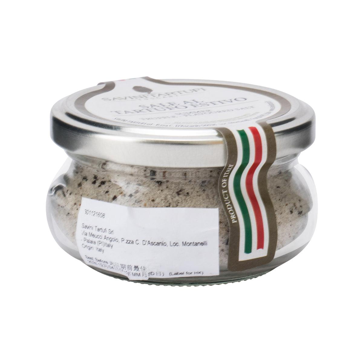 Truffle sea salt jar with rear label and speckled salt seasoning visible