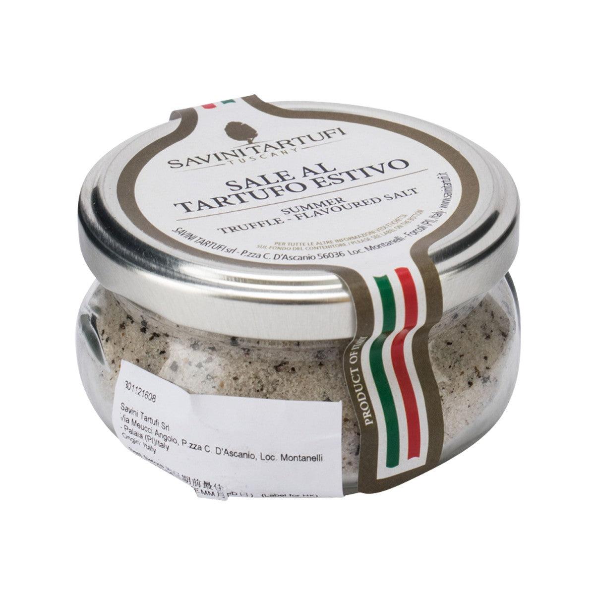 Truffle sea salt jar showing front label and speckled seasoning in glass