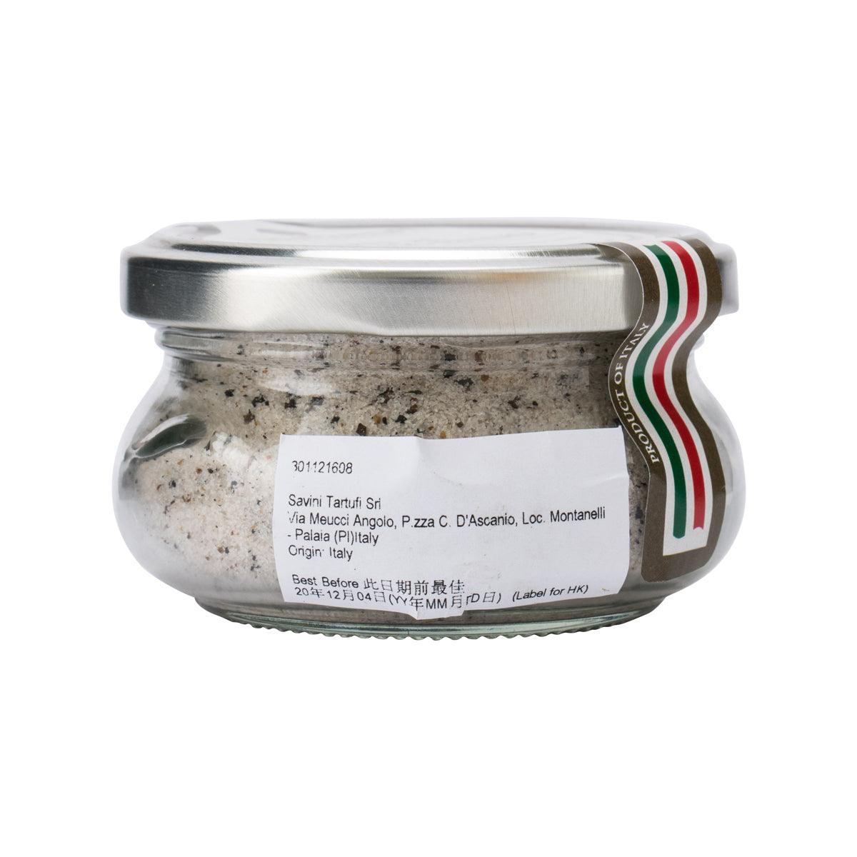 Truffle sea salt jar with side label, transparent glass filled with speckled salt
