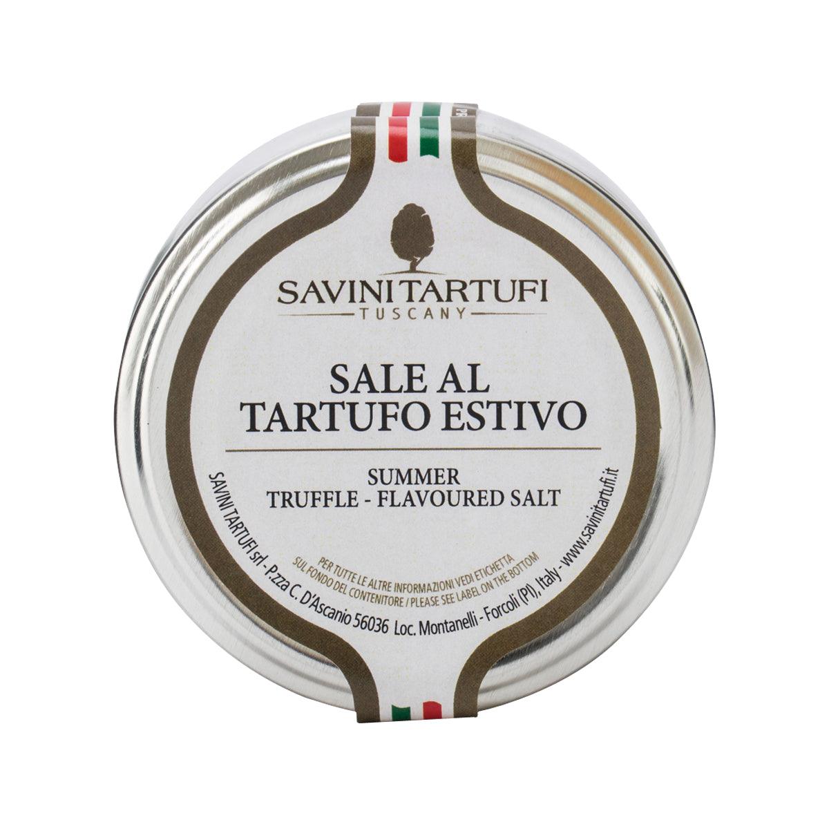 Truffle sea salt jar with SAVINI TARTUFI lid and top label, 100 g