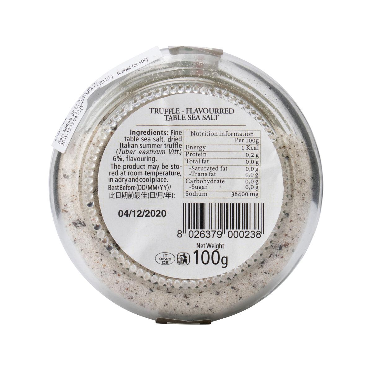 Truffle sea salt jar with nutrition label, 100 g and barcode on base