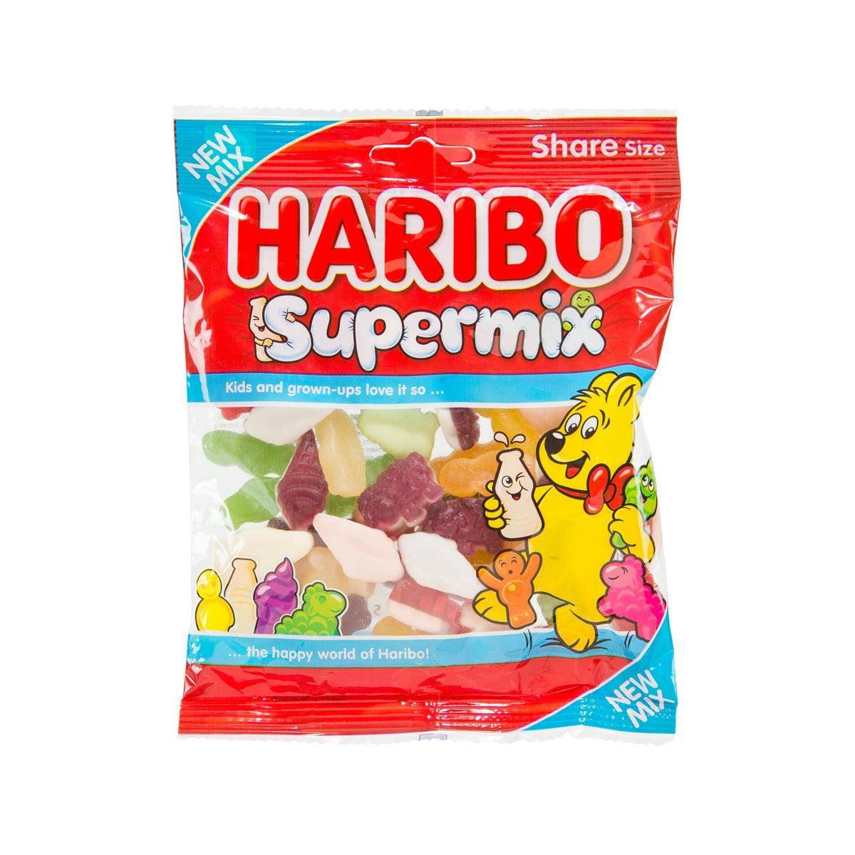 HARIBO Supermix gummy share size bag with colorful mixed fruit candies