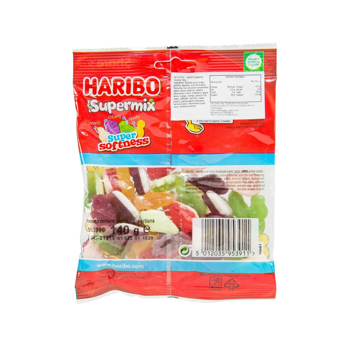 HARIBO Supermix gummy bag back with nutrition label and barcode