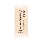 Udon noodle pack in pale beige paper bag, front Japanese label and text