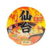 Spicy miso instant ramen noodle cup with illustrated lid and Japanese text