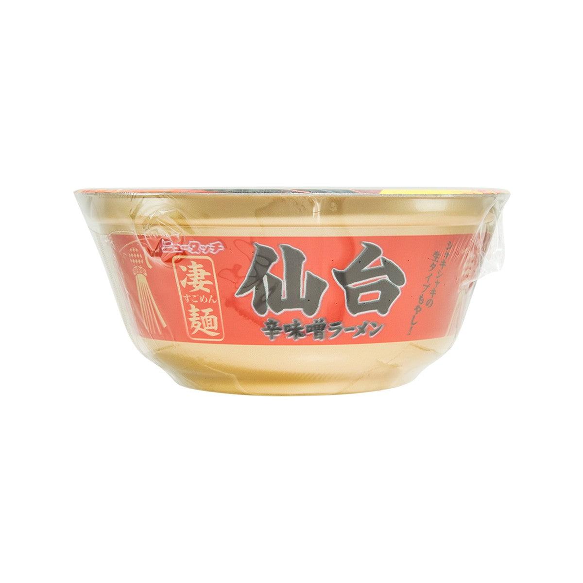 Spicy miso instant ramen cup container with orange label and large Japanese lettering