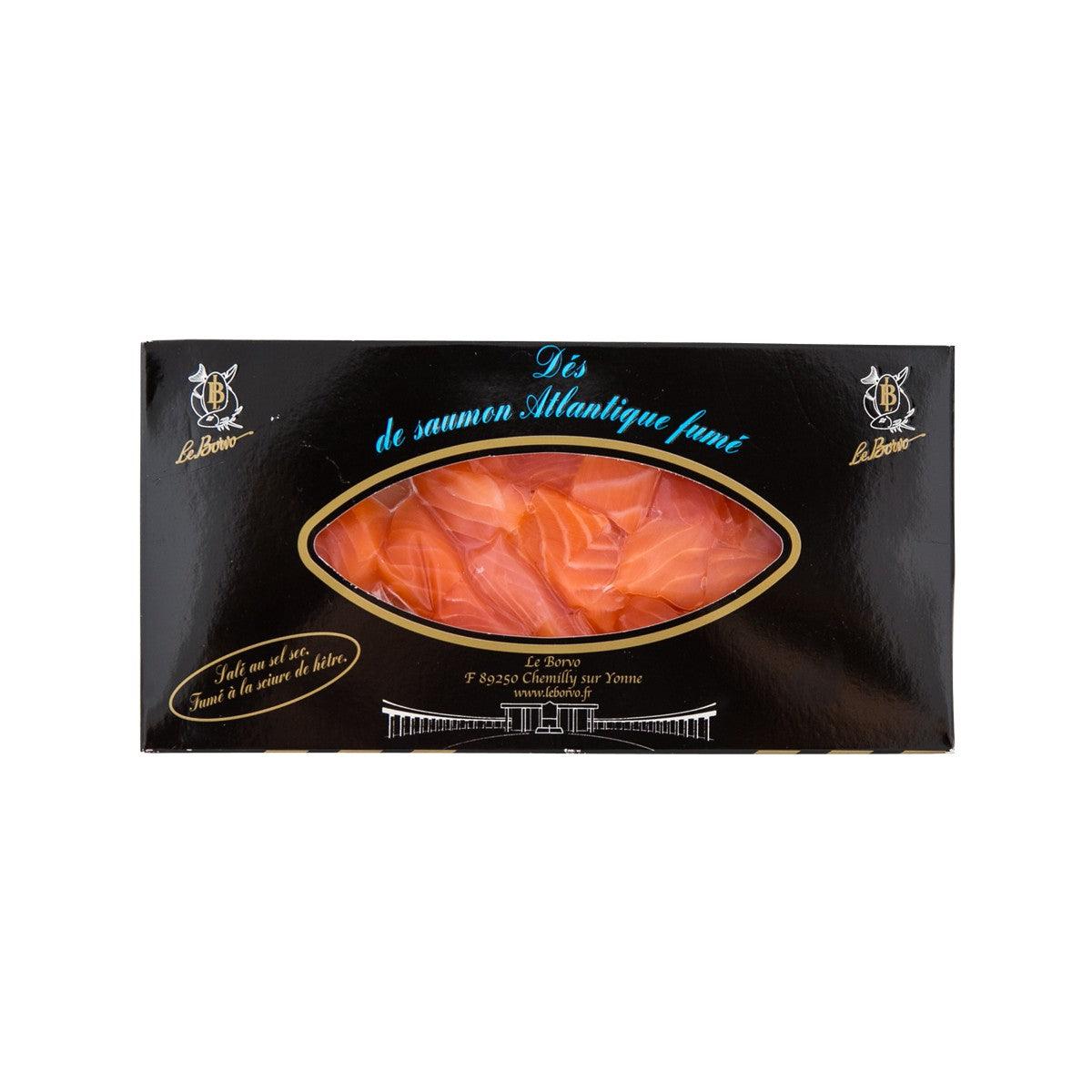 Smoked Atlantic salmon cube in retail box with window showing salmon slices