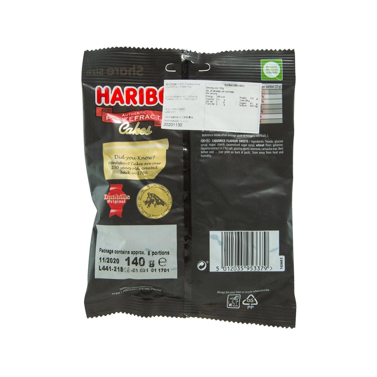 HARIBO Pontefract Cakes soft liquorice sweets back packaging with barcode and labels