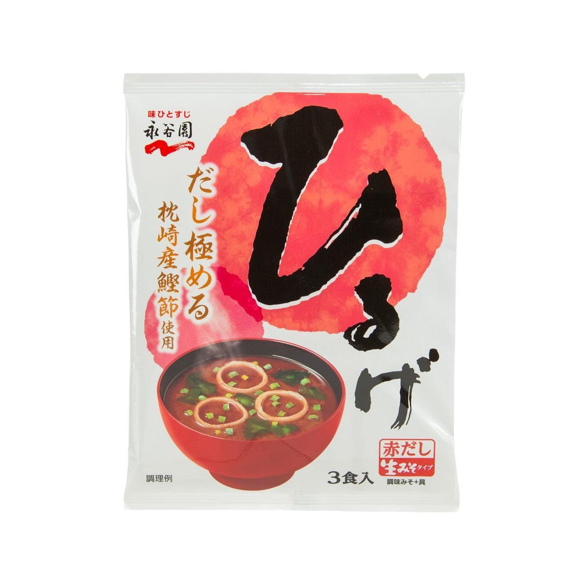 Instant red miso soup packet with bowl illustration and Japanese text