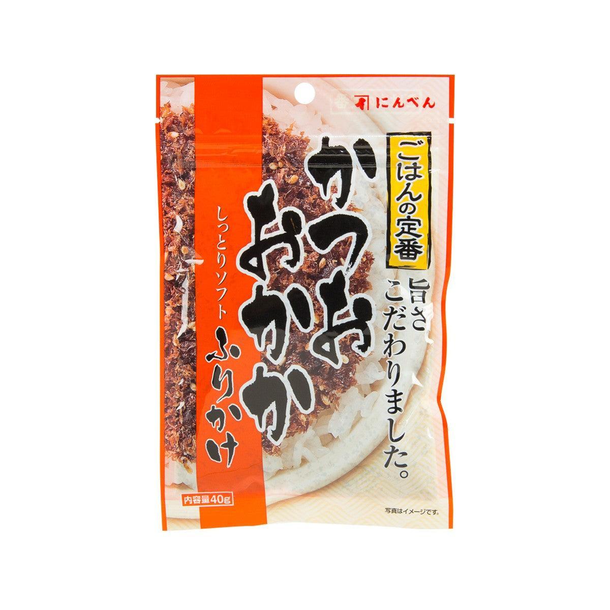 Fish rice topping pouch with orange-and-white front, Japanese text, bonito flakes illustration.