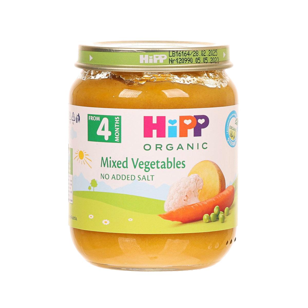 Organic mixed vegetables jar with green cap, orange puree, no added salt front label