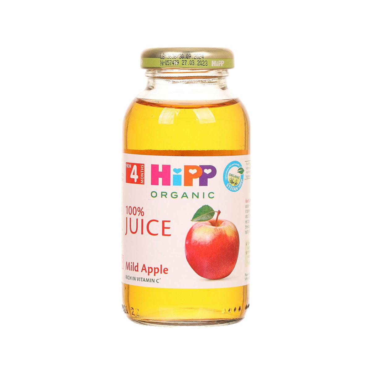 HIPP organic mild apple juice bottle, 200 mL, green cap, orange juice, front label