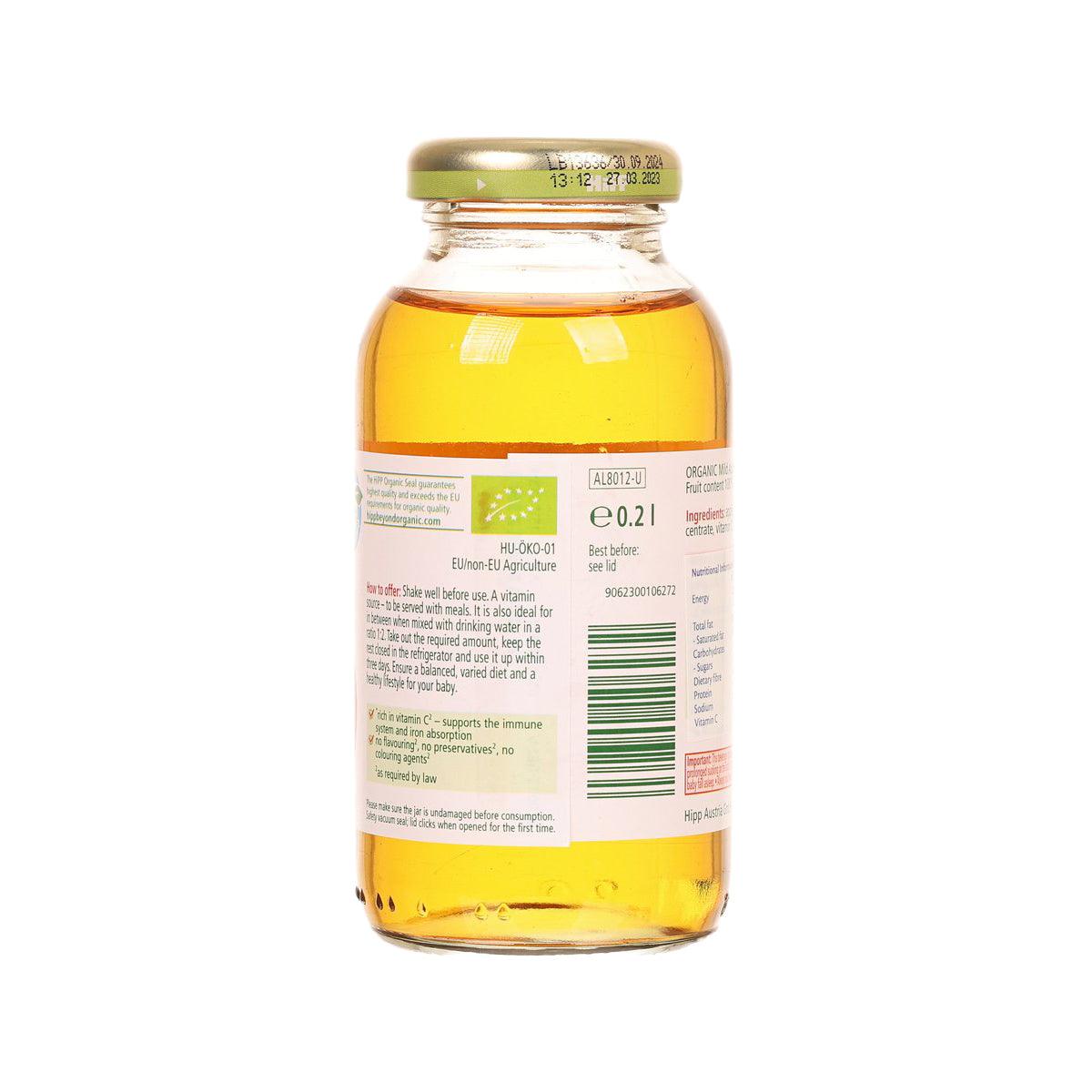HIPP organic mild apple juice bottle, 200 mL, back label with barcode and nutrition