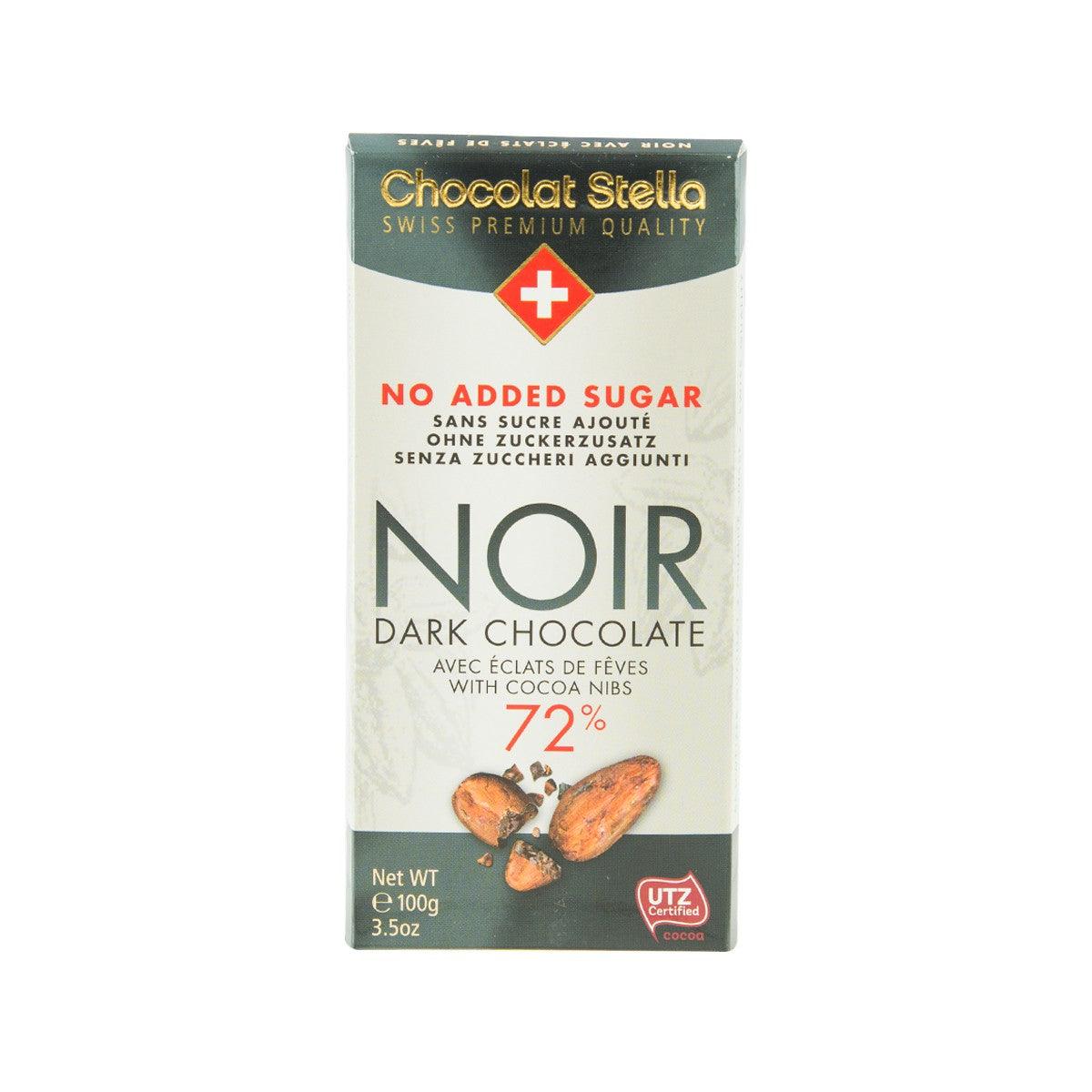 No added sugar 72% dark chocolate with cocoa nibs, 100 g pack