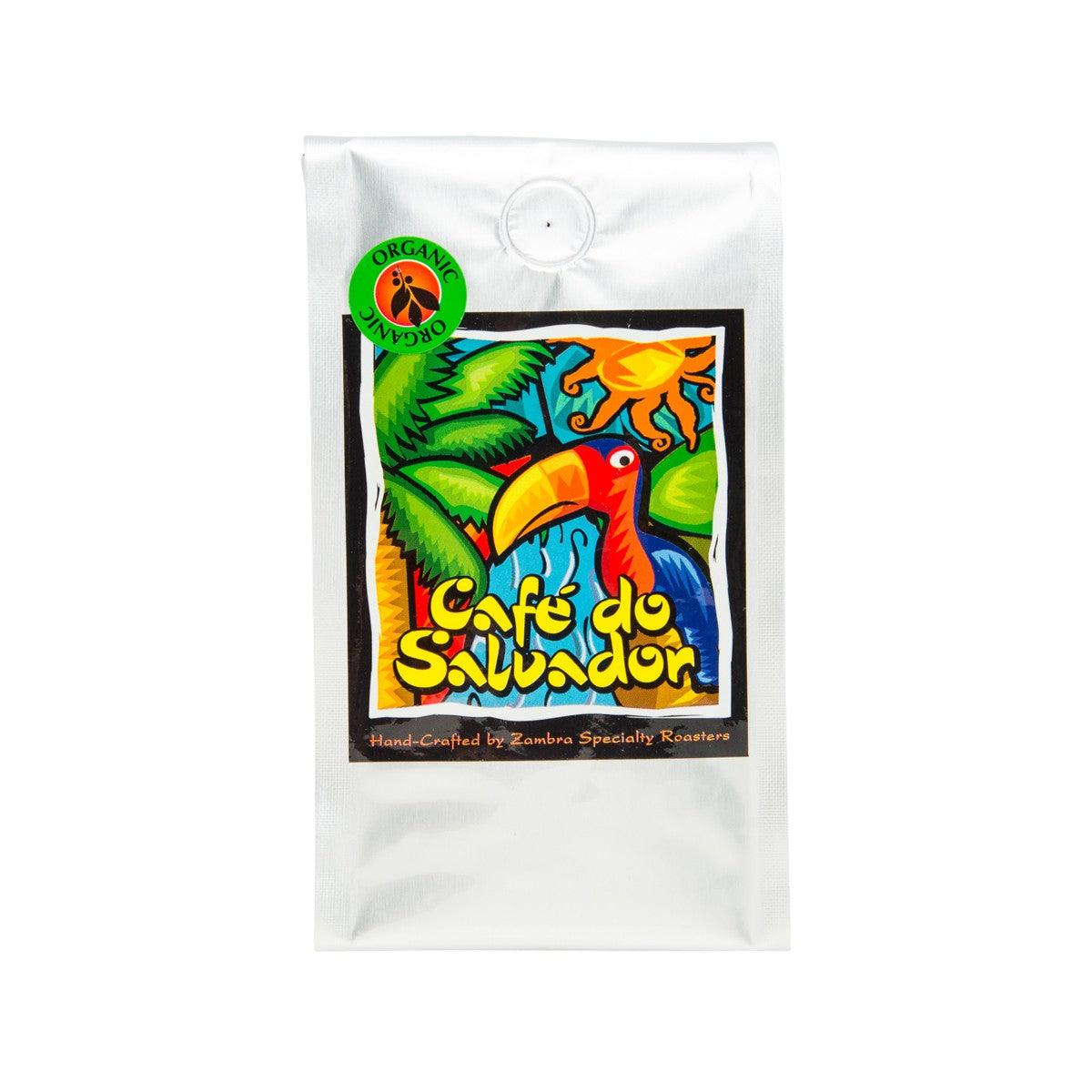 ZAMBRA Café Do Salvador coffee bag, white pouch with colorful tropical label, 250g