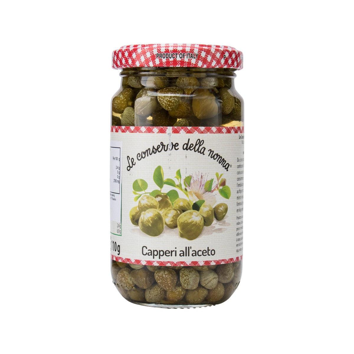 Capers in wine vinegar jar, clear glass with red checkered lid, 190 g