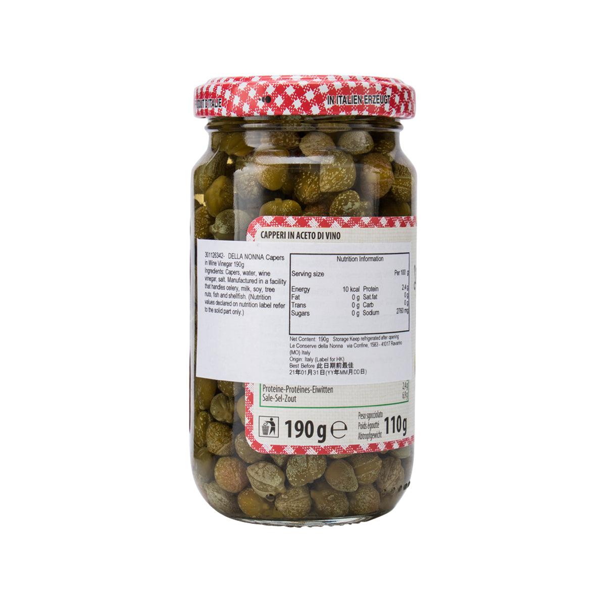 Capers in wine vinegar glass jar with back label, red checkered lid, 190 g