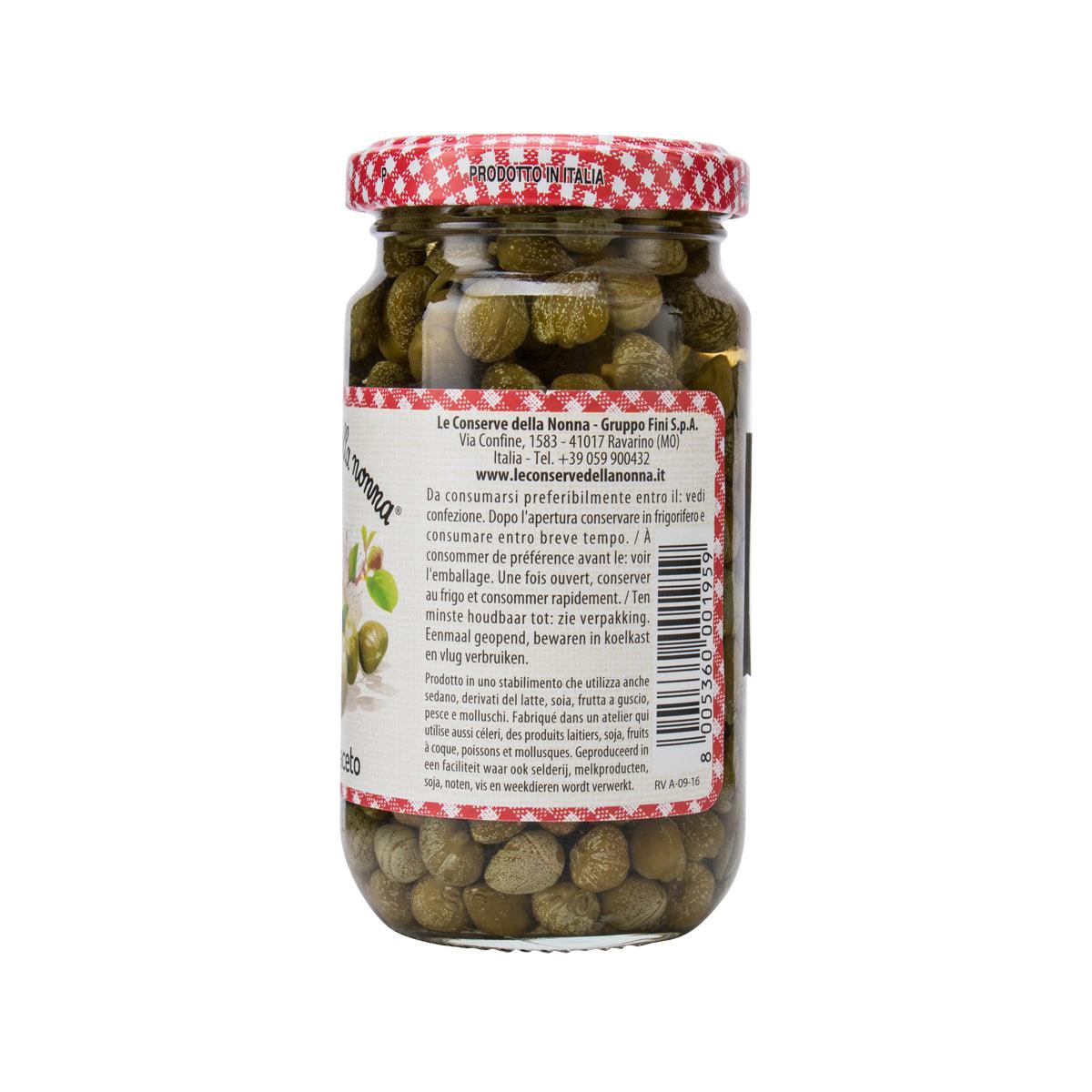 Capers in wine vinegar jar, clear glass with red checkered cap, 190 g