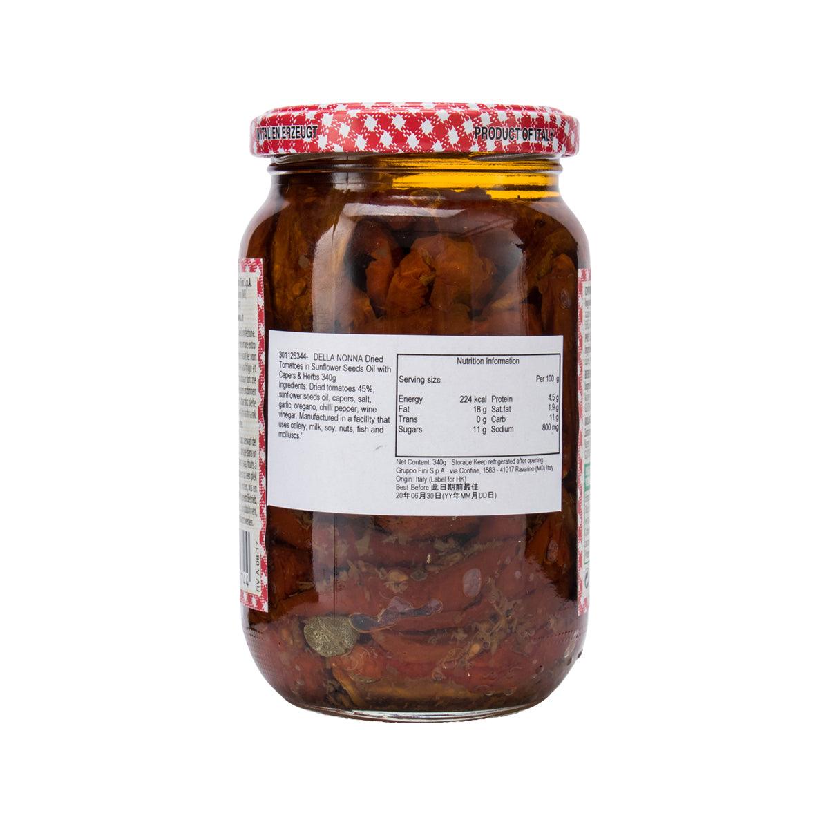 Jar of dried tomatoes in sunflower oil with capers and herbs, nutrition label