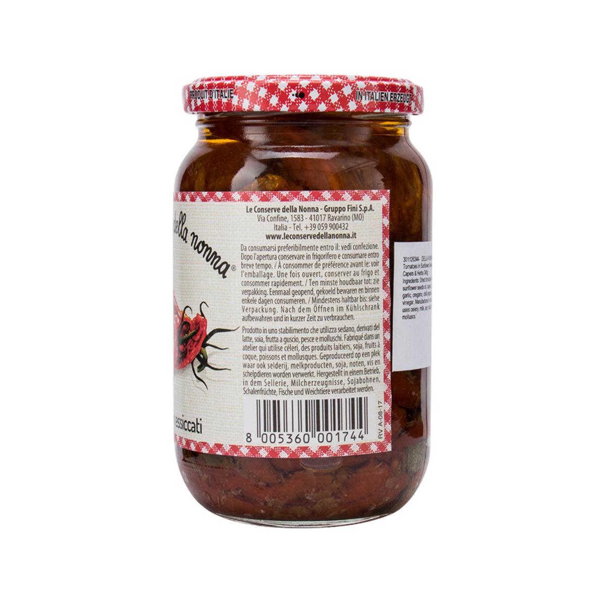 Jar of dried tomatoes in sunflower oil with capers and herbs, back label view