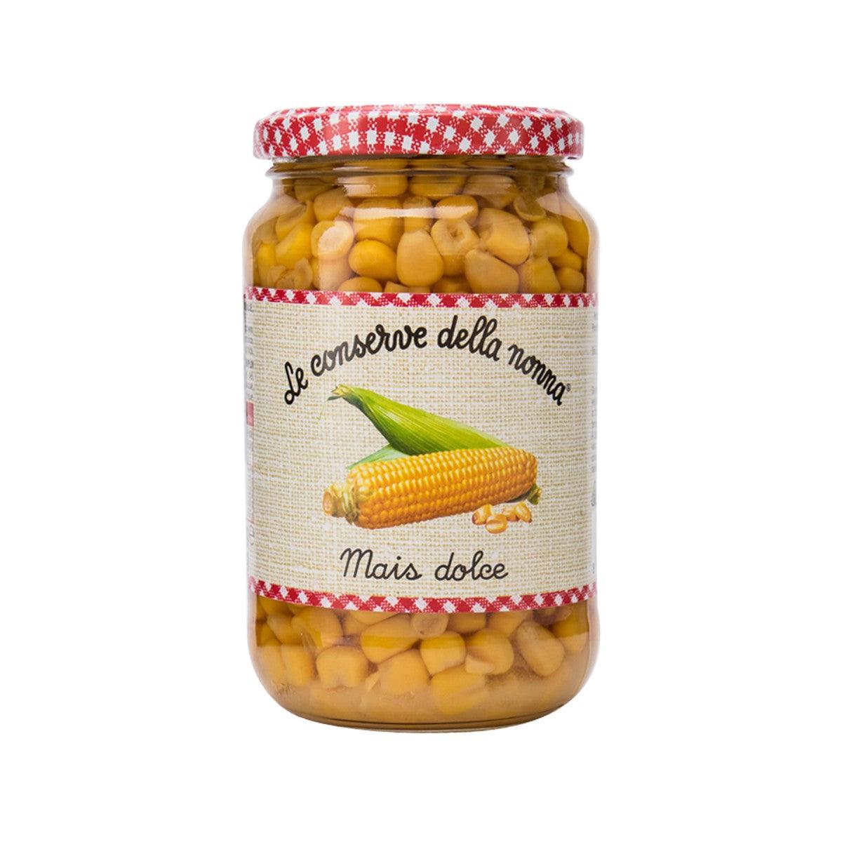 Glass jar of sweet corn kernels with red gingham lid, 340g