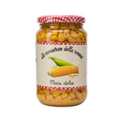 Glass jar of sweet corn kernels with red gingham lid, 340g