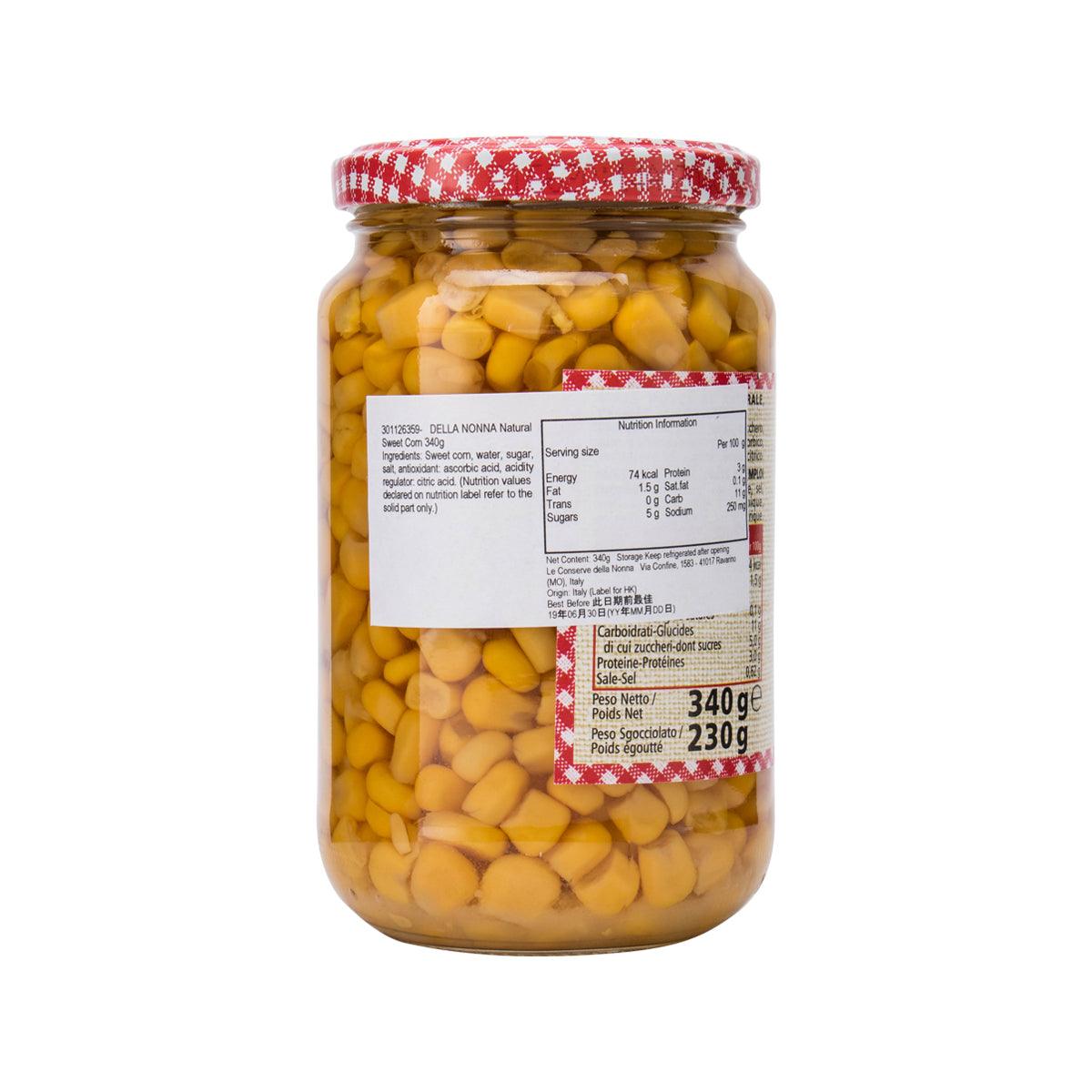 Sweet corn jar with red gingham lid, back nutrition label visible