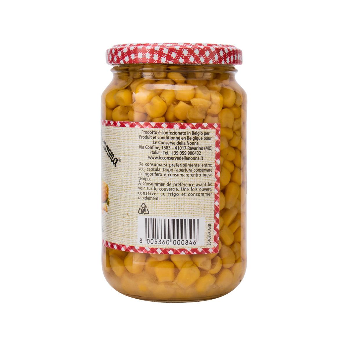 Sweet corn jar with red gingham lid, barcode and back label visible