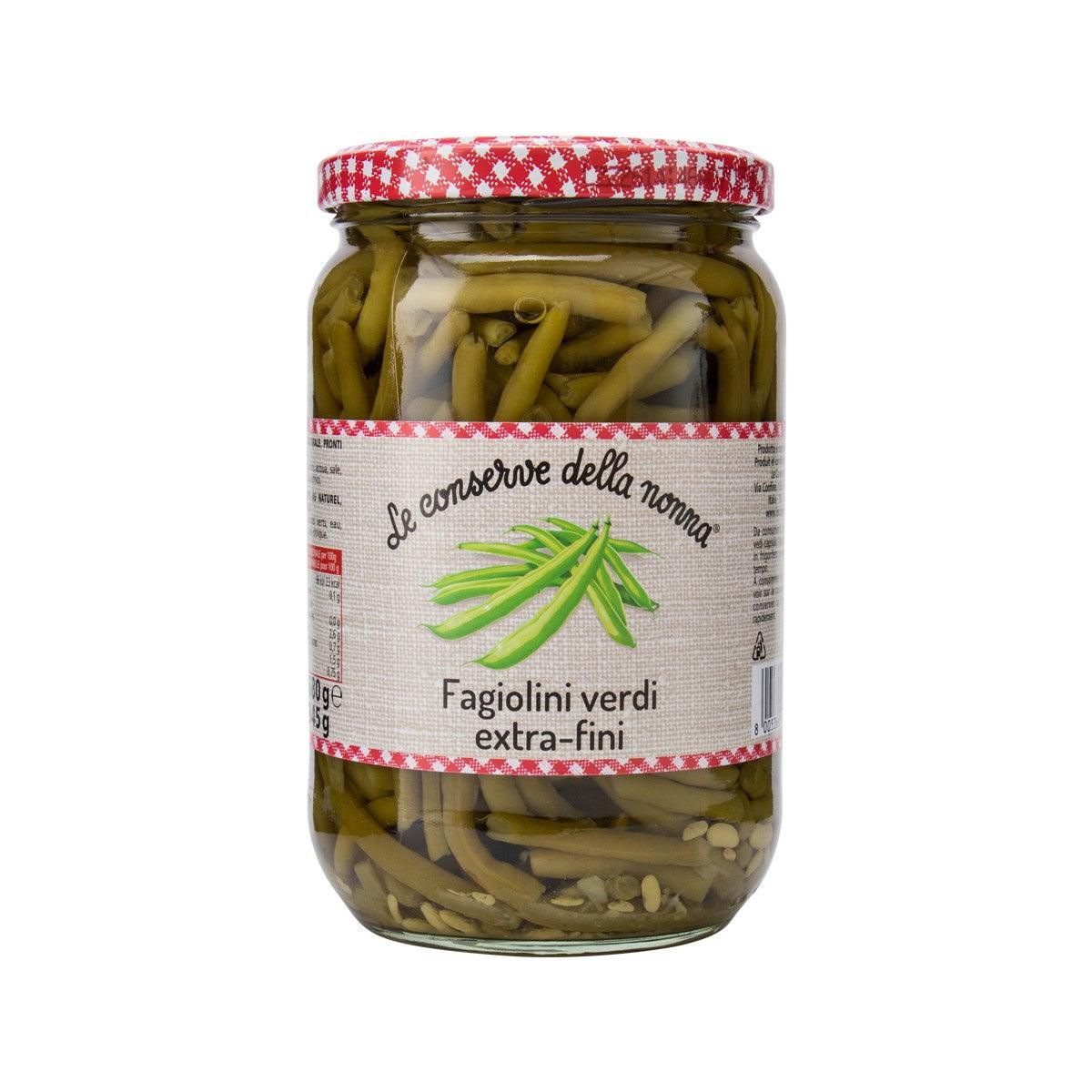 Jar of extra-fine green beans, red check lid, front label visible