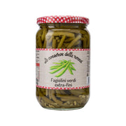 Jar of extra-fine green beans, red check lid, front label visible