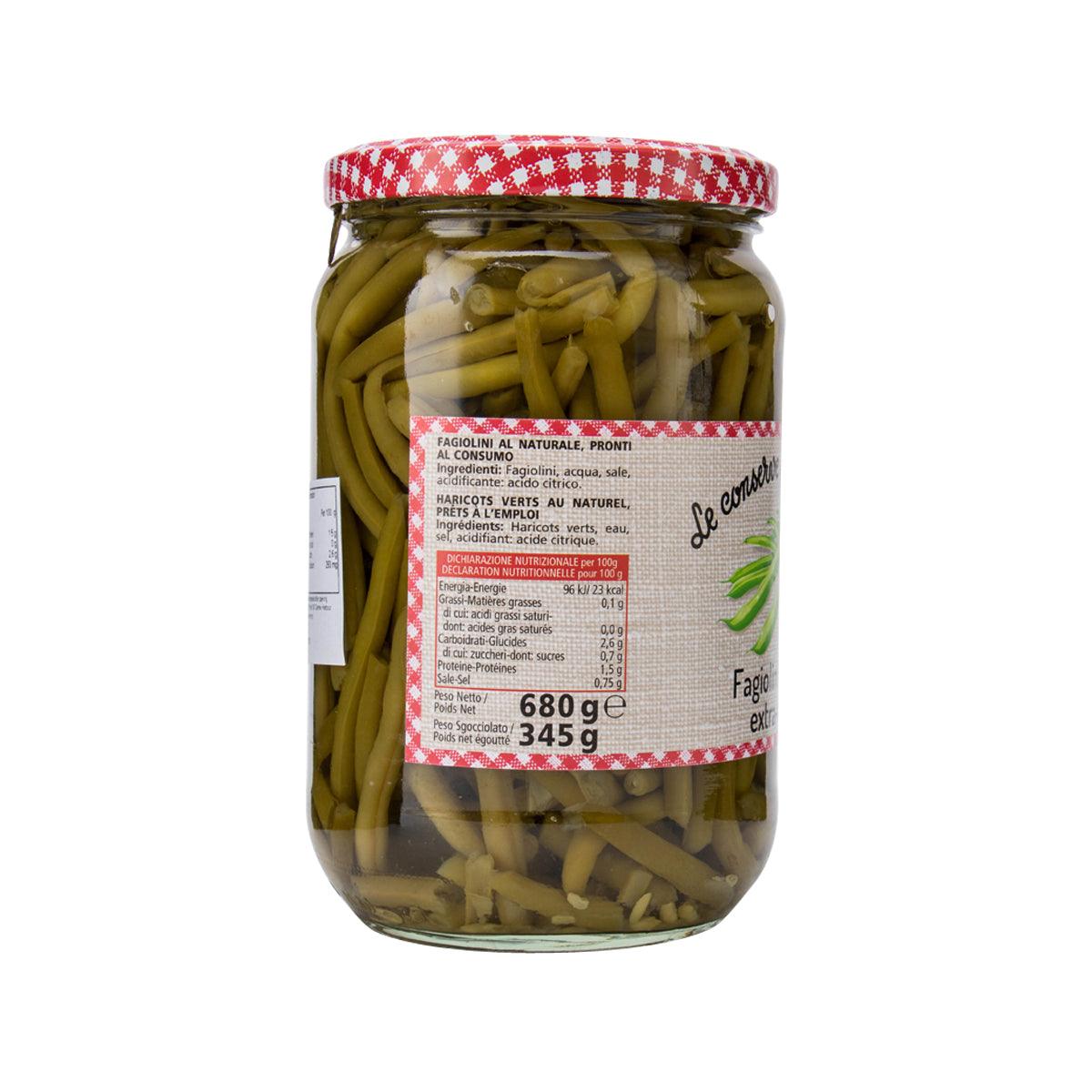 Jar of extra-fine green beans, red check lid, front label with weight 680 g