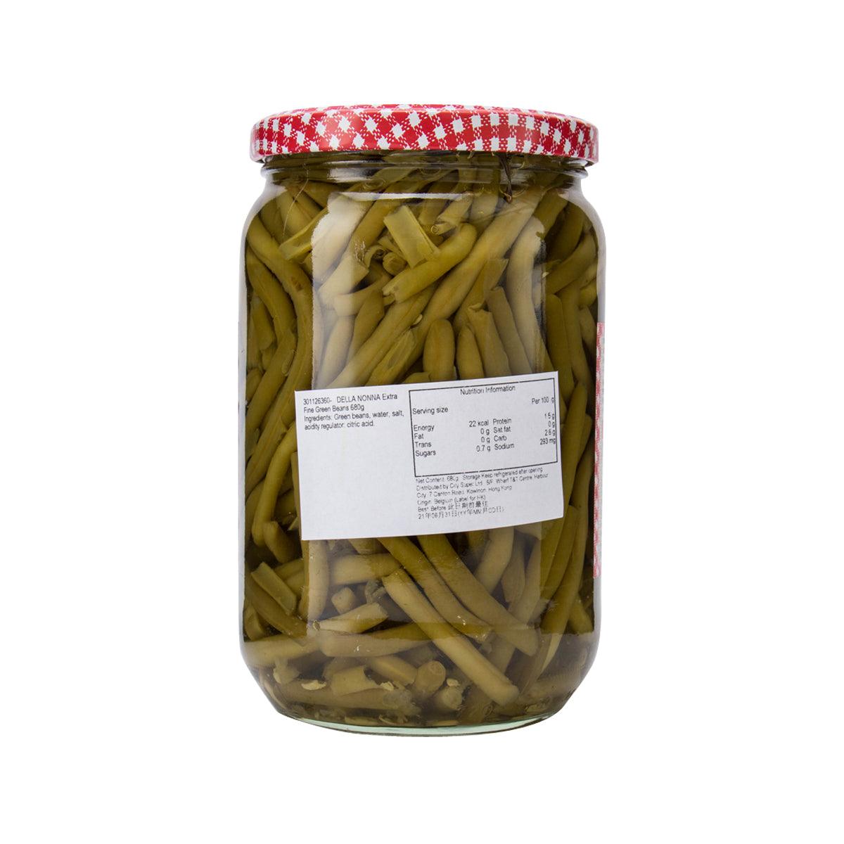 Jar of extra-fine green beans with nutrition label sticker, red check lid
