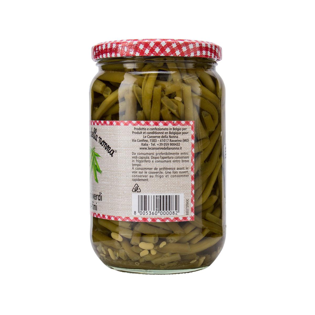 Jar of extra-fine green beans, back label text visible, red check lid