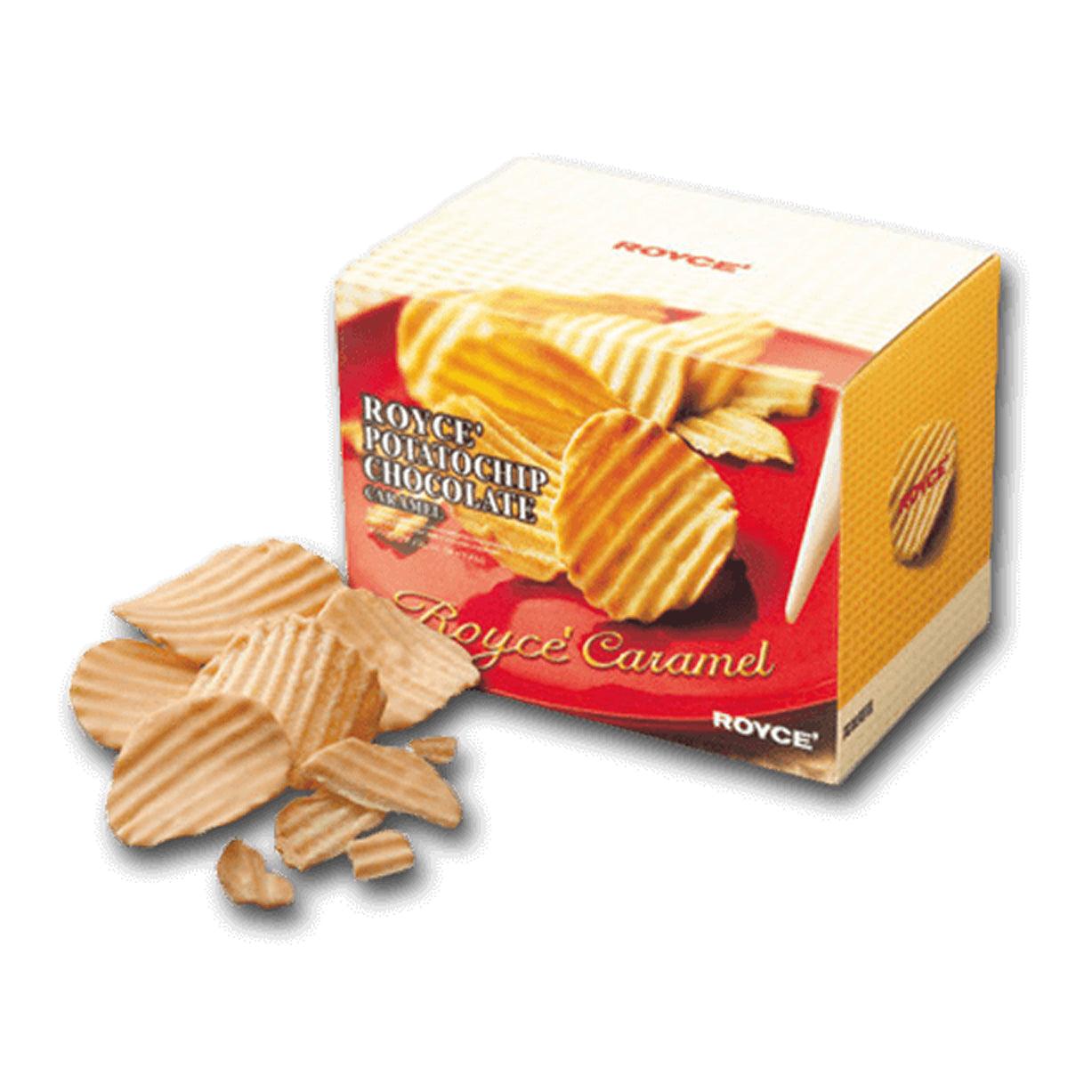 Caramel chocolate potato chip box with scattered chips